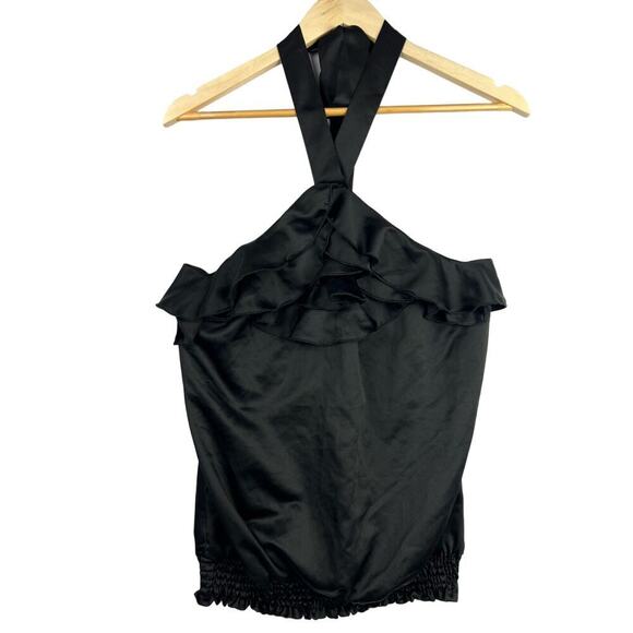 2000s Y2k Elegant Black Ruffled Satiny Flutter Crossover Halter Тор Large - Picture 1 of 9